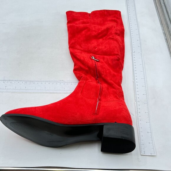 Red Almond Toe Knee High Boots with Partial Zipper Stretchy Warm Prom Long Boot - Picture 3 of 7